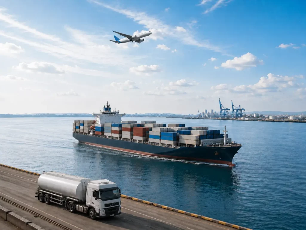 Containerschiff Gefahrguttransport und Flugzeug