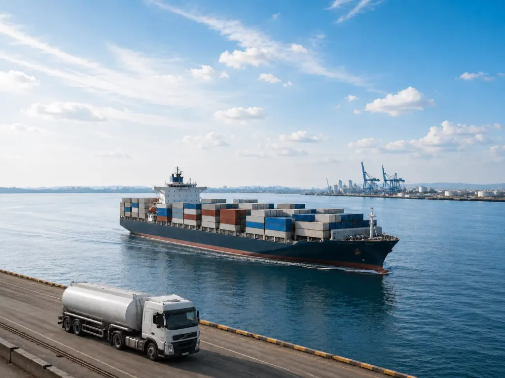 Containerschiff auf dem Meer und LKW mit Gefahrgut auf der Strasse