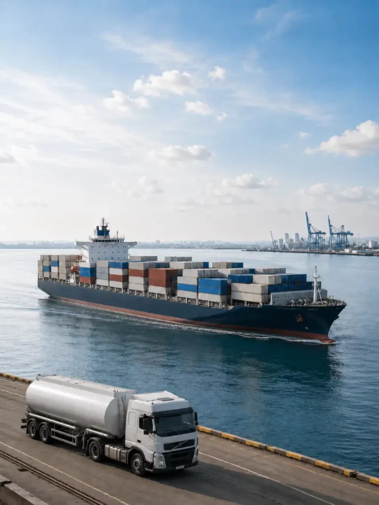 Containerschiff und LKW mit Gefahrgut