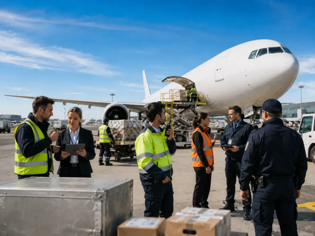 Flughafenpersonal bei der Beladung eines Flugzeugs