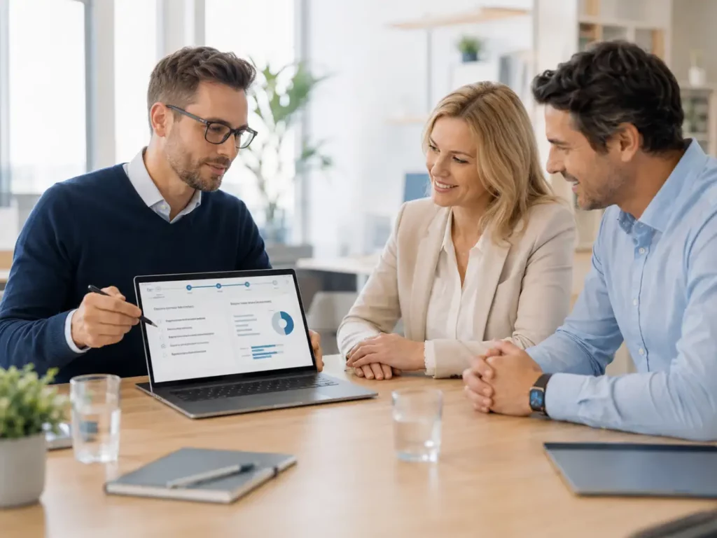 Mann erklaert Ergebnisse einer Beurteilung am Laptop
