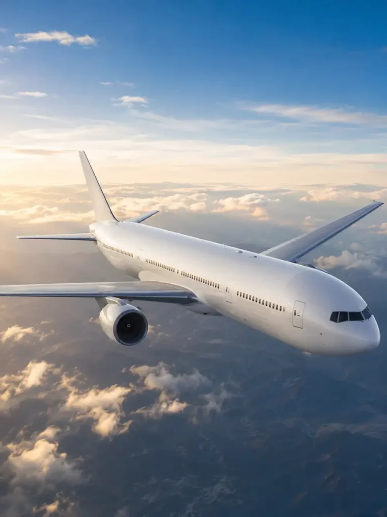 Passagierflugzeug fliegt ueber den Wolken bei Sonnenlicht