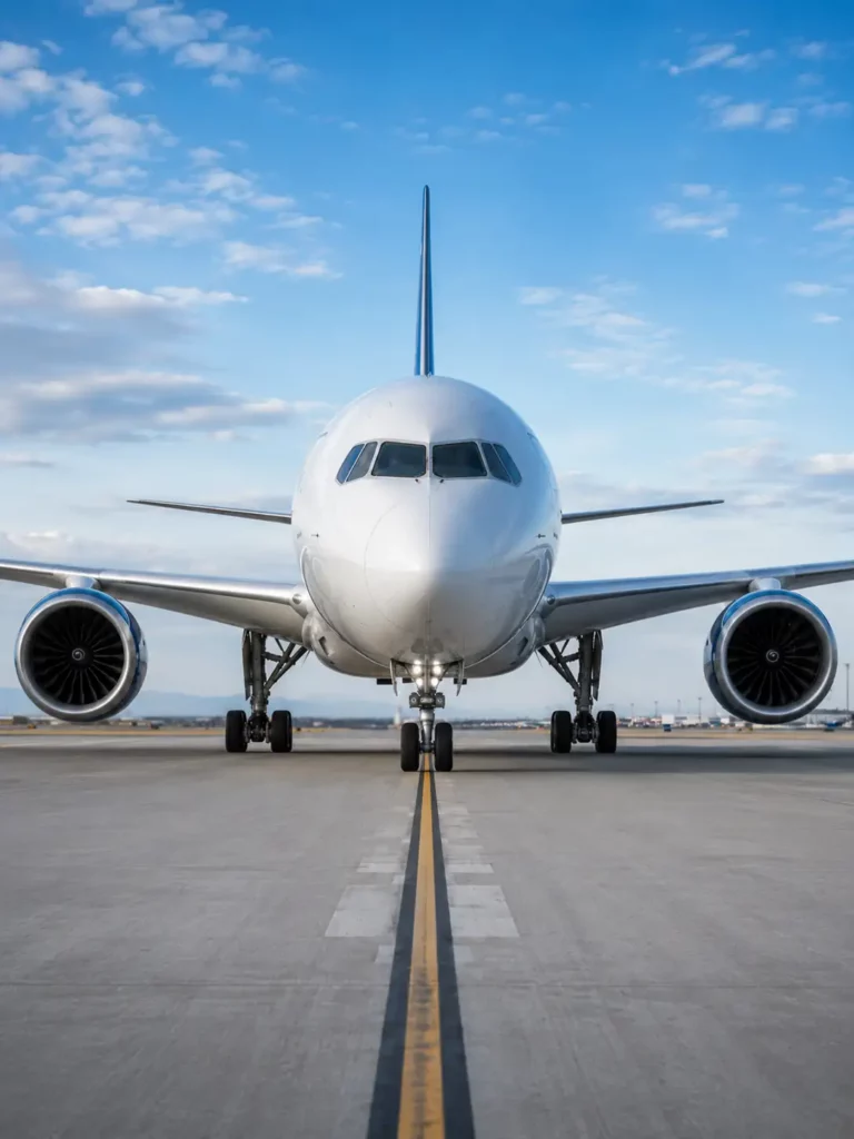 Passagierflugzeug frontal auf einer Start und Landebahn