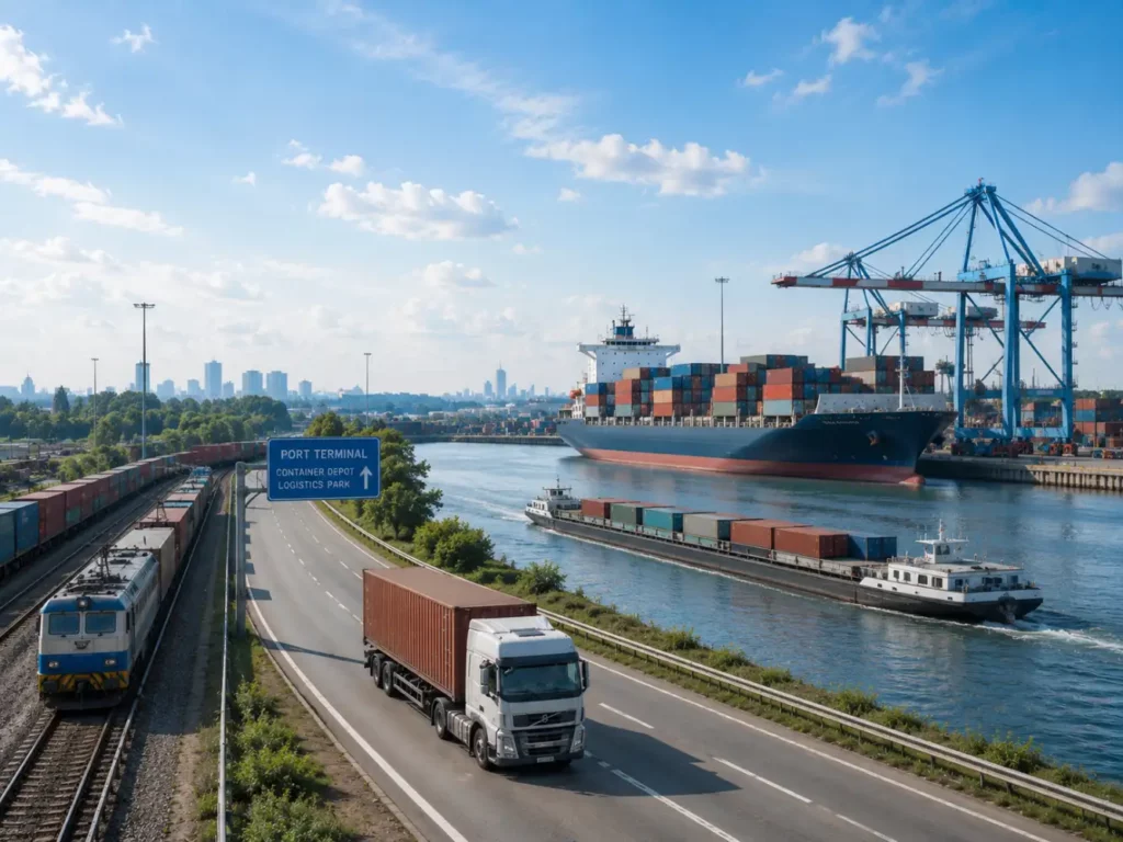 Zug auf Schienen Tansportfahrzeug auf der Strasse und Hafen mit Containerschiff